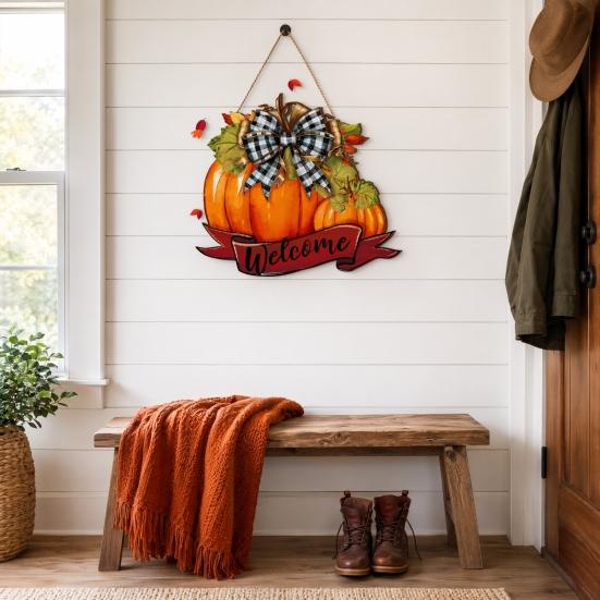 High-definition Printed Pumpkin Fall Welcome Sign, Thanksgiving Door Hanger, Wooden Decor Solid Wood Hanging Porch Sign for Autumn Harvest Farmhouse