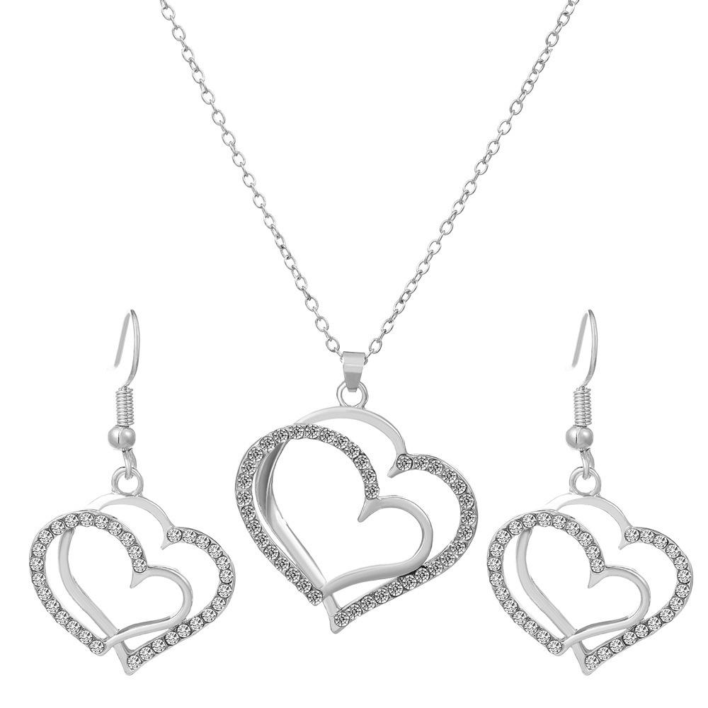 Necklace Women's Love Jewelry Set Retro Fashion Personality Alloy Diamond Hollow Heart Pendant Earrings