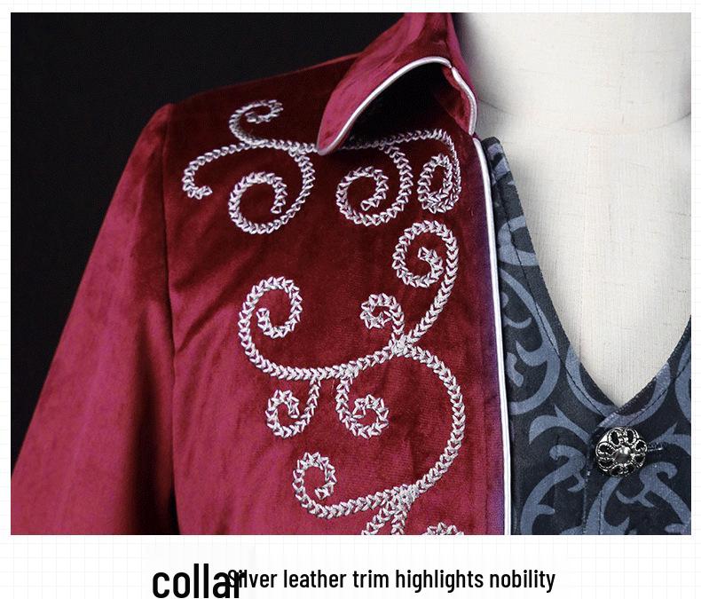 Men's Silver-Edged Medieval Tailcoat Costume, Retro Mid-Length Style