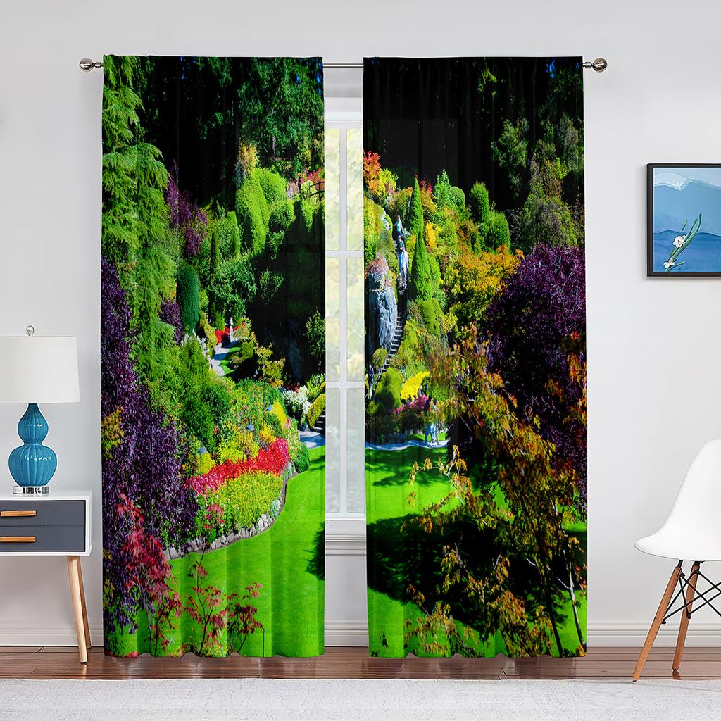 Pink Flowers Cherry Blossoms Park Spring Floral Trees Road Tulle Curtains for Living Room Chiffon Sheer Kitchen Bedroom Curtain