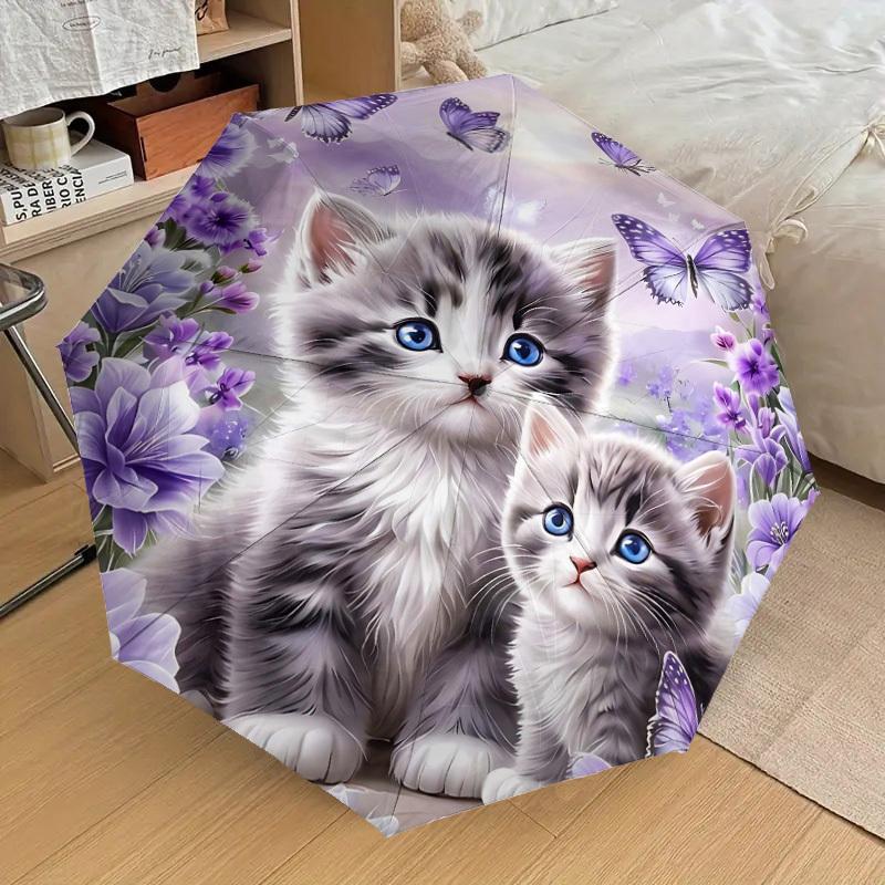 1PC Kittens Flowers Umbrella-8-Rib Reinforced Portable Folding Travel Suitable for All Seasons Outdoor Daily Use  -J0388