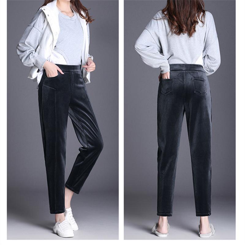 Autumn Winter Women Solid Color Pant Casual Elastic High Waist Straight Leg Trousers LooseCorduroy Warm Thick Haren Pants Female
