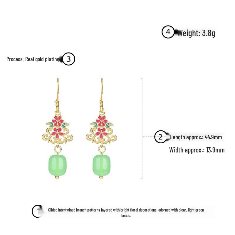 Elegant Wind Flower Enamel Earrings: 925 Sterling Silver, Imitation Jade, Cheongsam Style