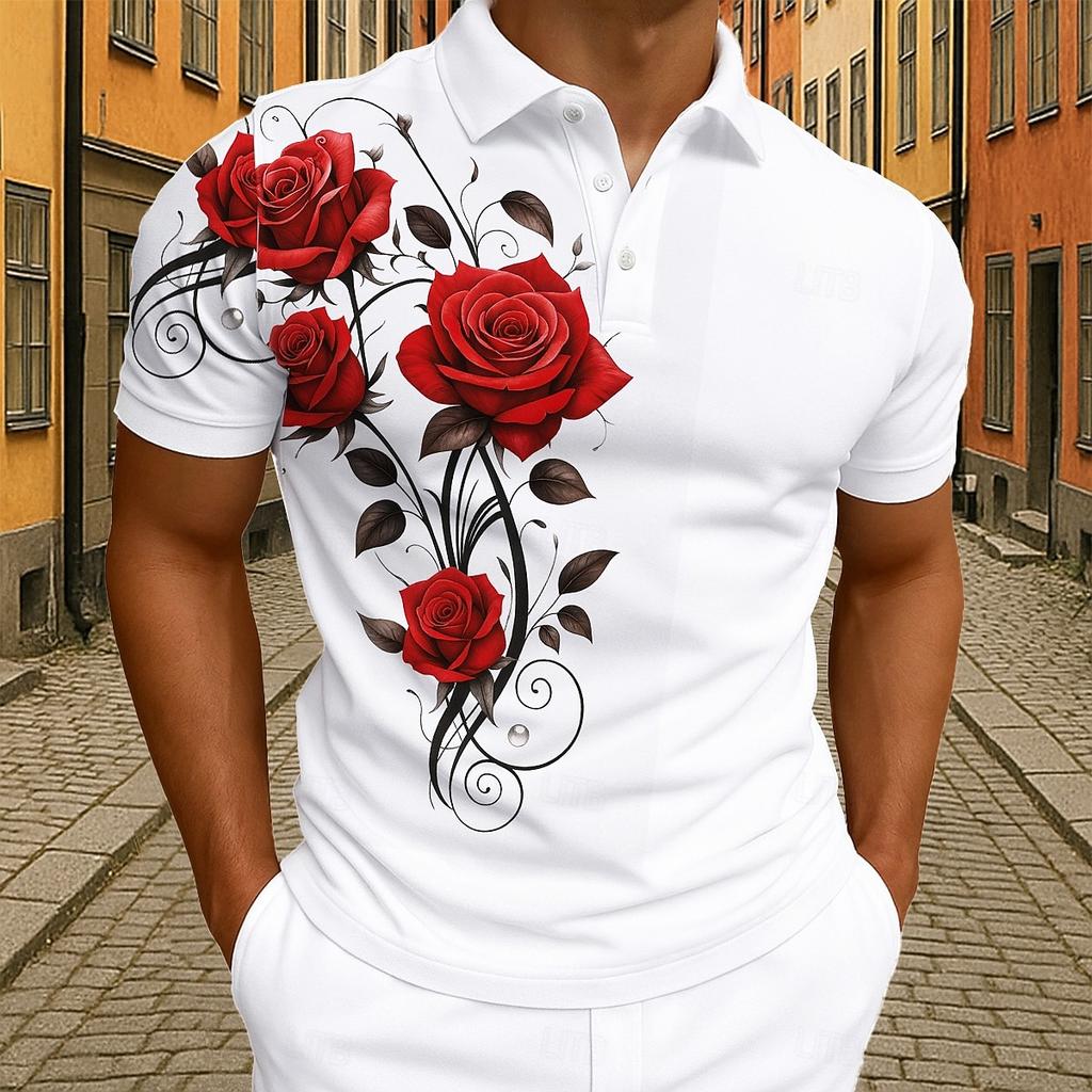 Elegantes Rotes Rosen-Blumenmuster Poloshirt Herren Outdoor Street Kurzarm T-Shirts Oberteil Sommer Zuhause Lässiges T-Shirt Herren und Damen Poloshirt