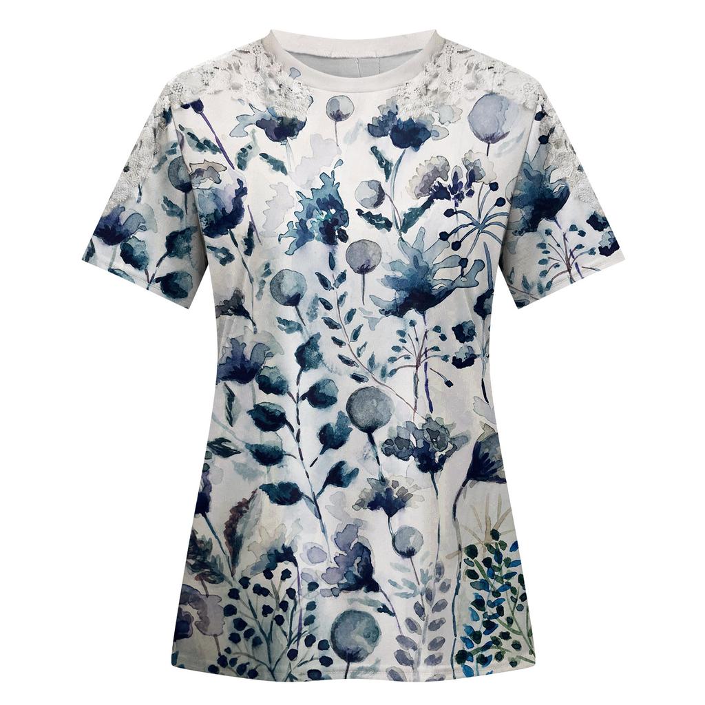 Women's Fashion Lace Hollow Print Round Neck Short Sleeve T-shirt Top