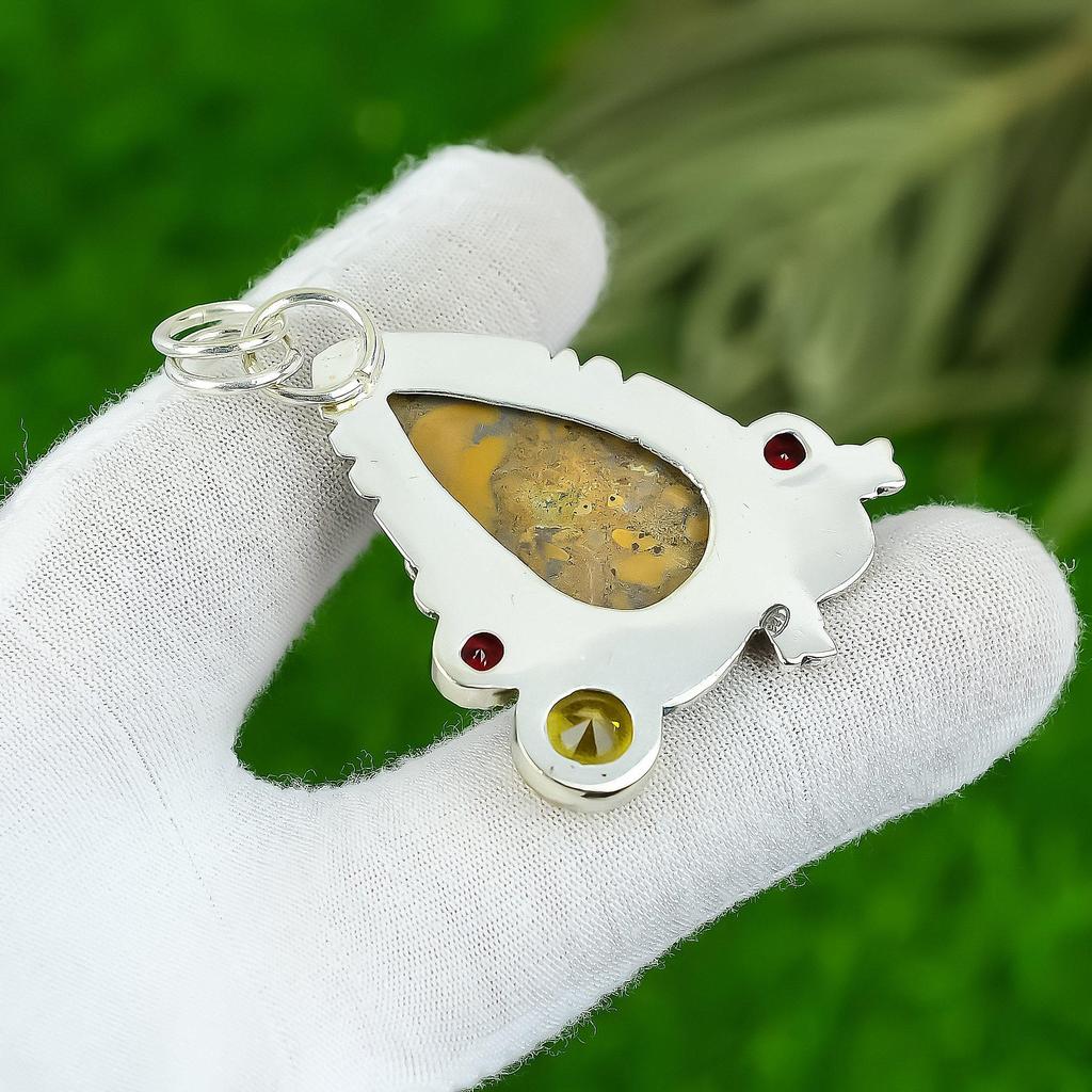 Womens Day Sale 925 Silver Natural Bamboo Jasper Citrine Bezel Birthday Pendant