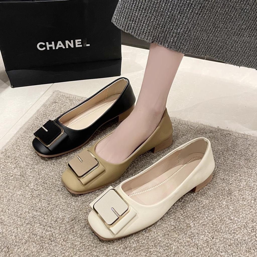 2025 Spring Autumn New Women's Fashionable Lightweight Square-Toed Soft-Soled Leather Shoes Flat Chunky Work Shoes