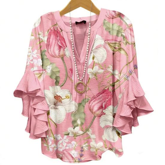 Women Shirt V-Neck 3/4 Ruffle Sleeves Floral Print Anti-Wrinkle Bohemian Blouse Loose Fit Ultra Lightweight Beach Shirt
