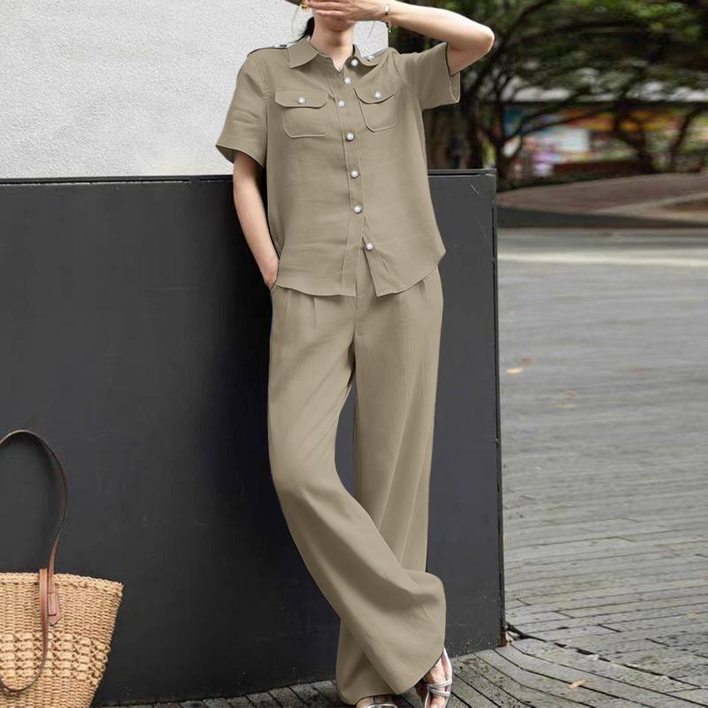 ZANZEA Women Classic Short Sleeve Blouse and Pants Casual Two Piece Suit Sets