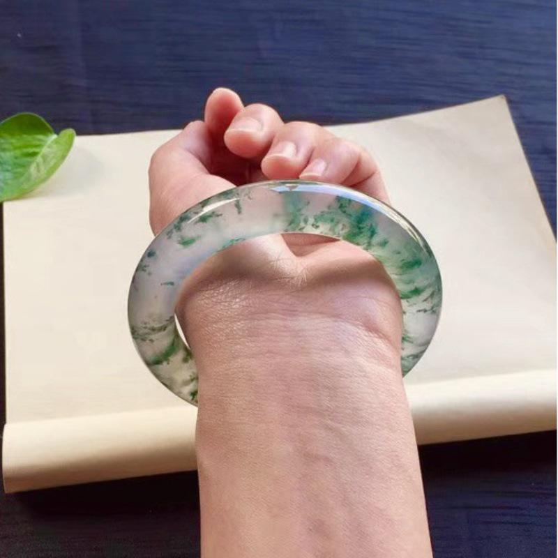 Ice-Clear Natural Jadeite Bangle - Floating Flower Design, Myanmar Jade, Women's Gift Style