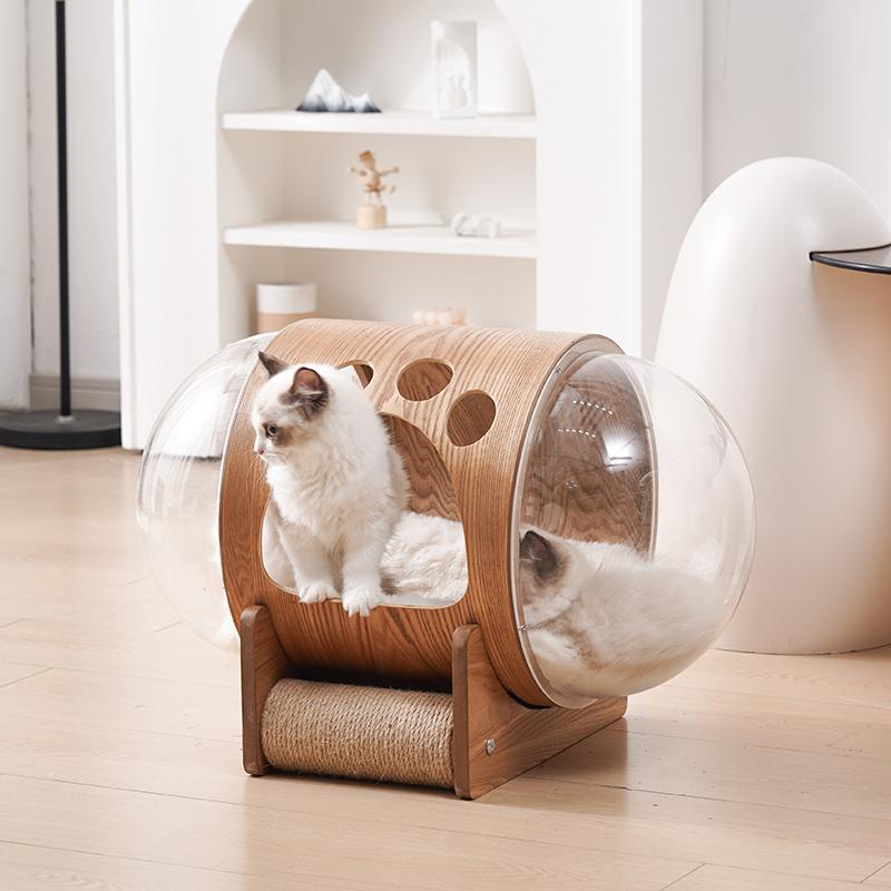 Transparent Cat Bed Acrylic Cat House with Wooden Climbing Frame All-Season Kitty Condo for Indoor Modern Space Capsule Pet Nest