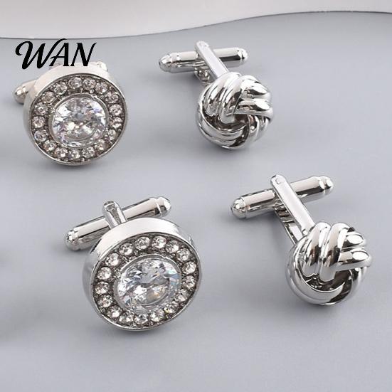Classic Cufflinks 1 Pair Men Polished Smooth Surface Rhinestones Inlaid Rectangle Shirt Round Twist Shape Suit Button Replacement Accessories