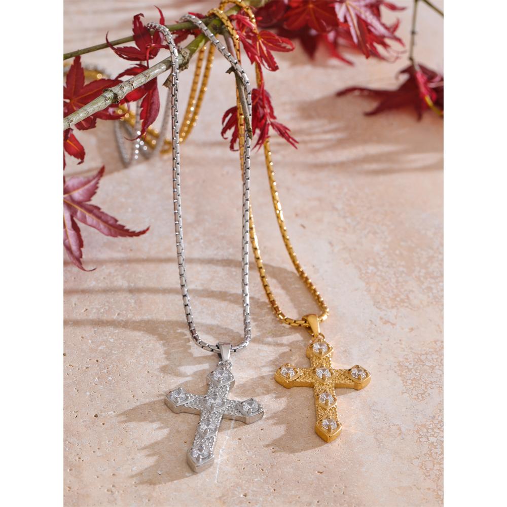 Yhpup Exquisite Shiny Cubic Zirconia Cross Classic Necklace Pendant for Women Stainless Steel Chain Temperament Jewelry Gift