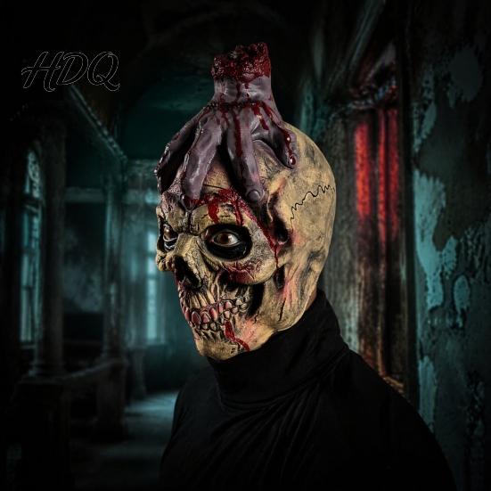 Horror Ghost Headgear Scary Halloween Zombie Head Masque, Creepy Latex Hood Masque Realistic Texture with Severed Hand, Party Cosplay Costume