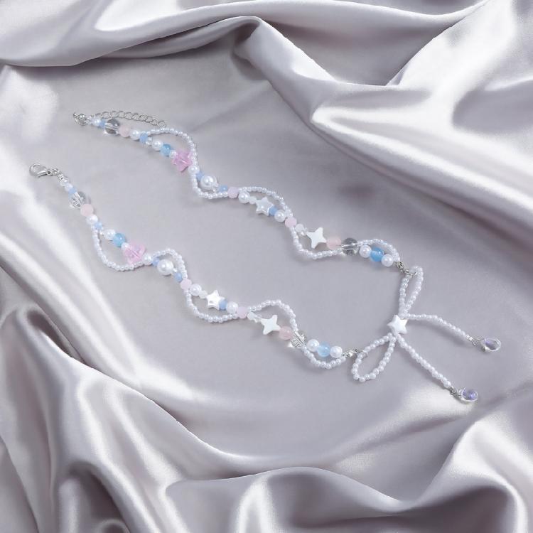 Delicate Chic Collarbone Chain Beautiful Beaded Necklace with Bowknot Pendant
