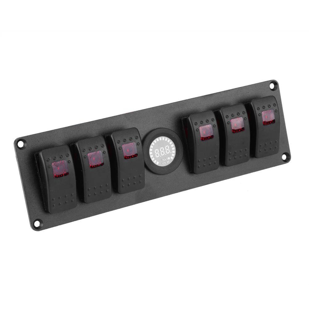 6 Gang Red LED Rocker Switch Panel with Alarm Voltmeter for Car RV Boat Yacht Marine 12V