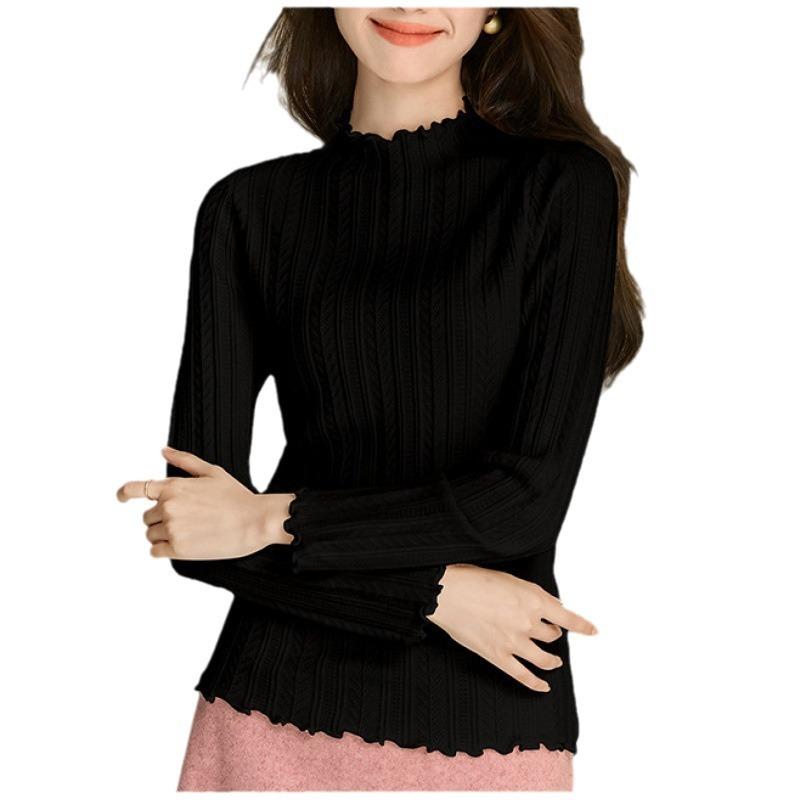 Bottom shirt women's spring and autumn inner wear new semi-turtleneck fungus edge knitted sweater medium neck long sleeve slim sweater