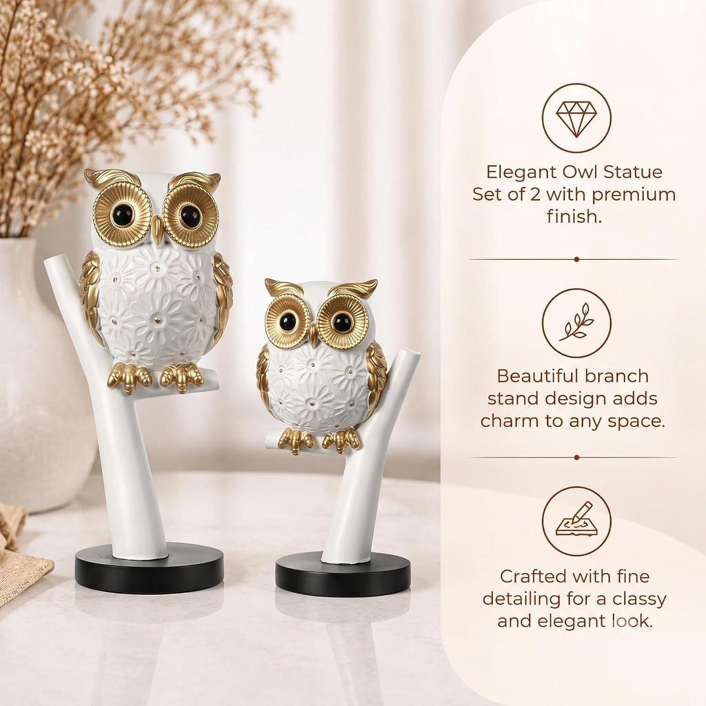Elegant White & Gold Owl Showpiece Set – Modern Home Décor