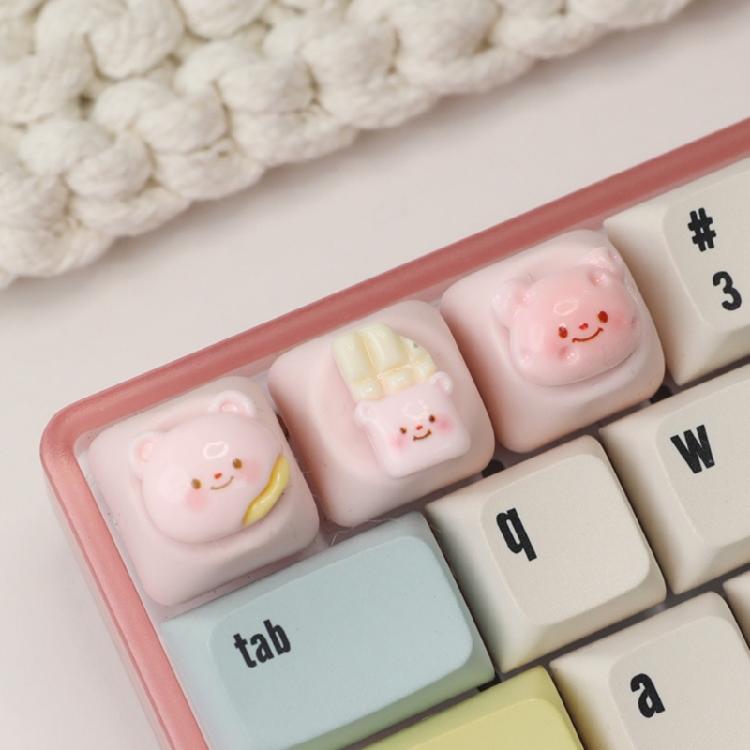 3D Cartoon Bear Resin Keycaps For Mechanical Keyboards Soft Color Optional Enhances Typing Design