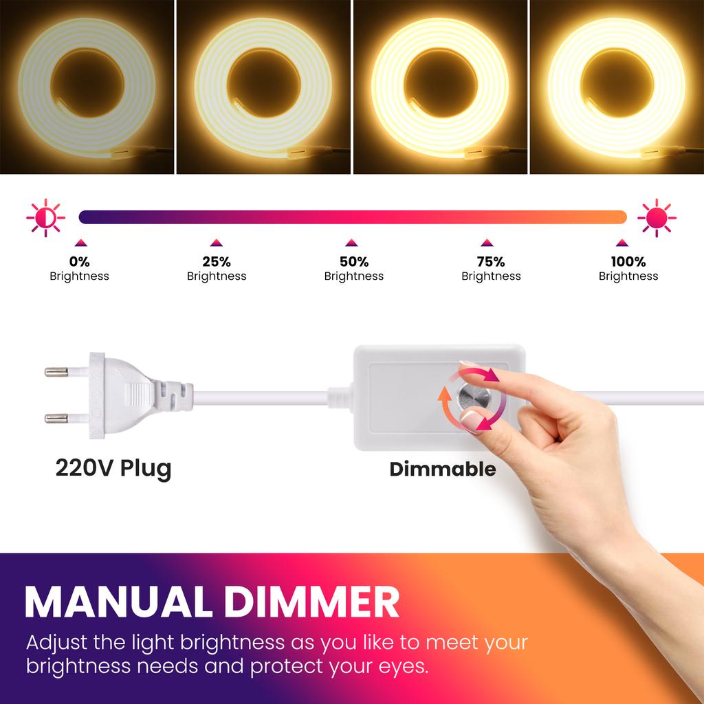 1-20M 220V COB LED Strip 288LEDs/m Outdoor IP65 Waterproof Switch/Dimmable LED Tape Ribbon Neon Lights For Kitchen Room 10 Color