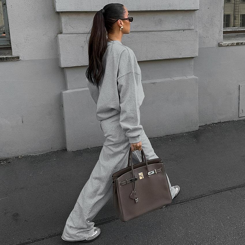 European and American fashion design sense gray knitted sports suit 1116 spring and summer new casual sweater trousers women