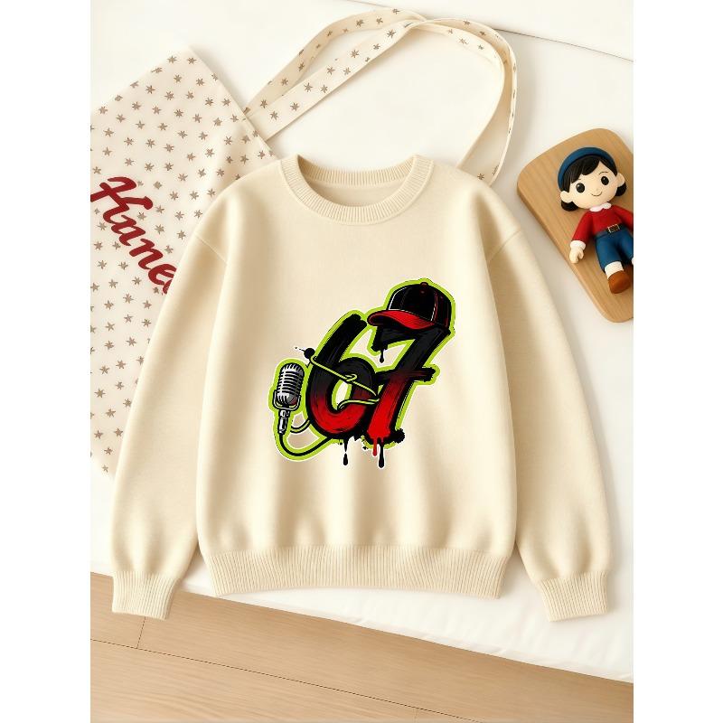 Kids Unisex Crewneck Sweatshirt, Hip Hop Graffiti Microphone Cap Dripping 67 Number Print Pullover, Soft Sweatshirt for Boys Girls Over 4 Years Old