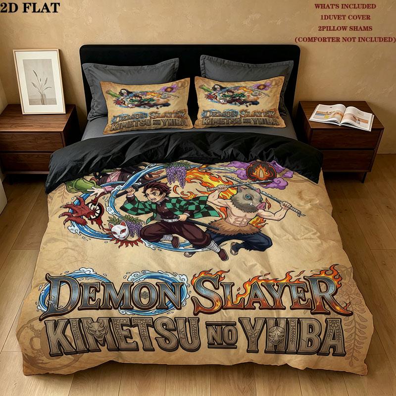 Sada povlečení s motivem Demon Slayer Přikrývka Povlak na peřinu Povlak na polštář Domácí Dárek k narozeninám(1 * povlak na peřinu + 2 * povlak na polštář, bez jádra)