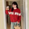 Large size women's clothing winter new lazy wind single-breasted New Year's wear red knitted cardigan 111999