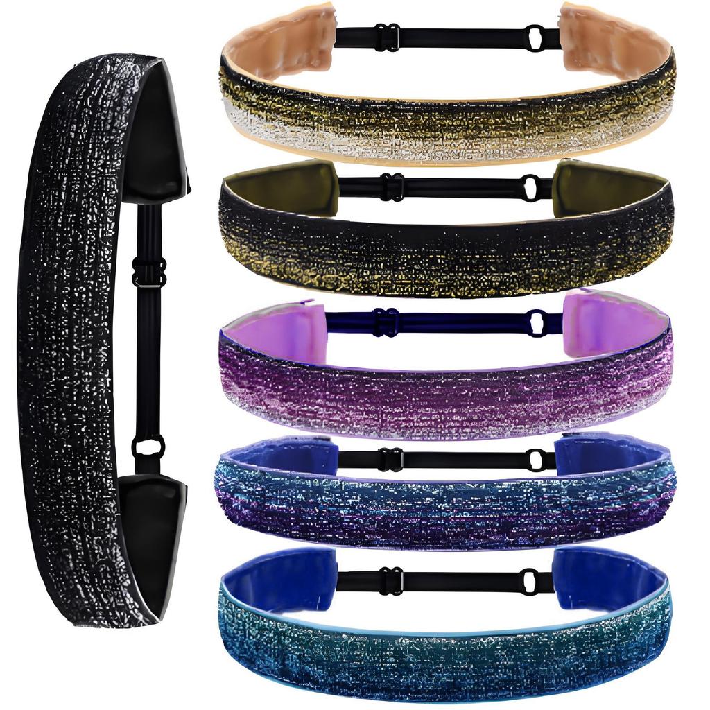 Adjustable Glitter Sequin Headbands for Women, Non Slip Velvet Lined Sports Yoga Hair Bands, Sparkly Elastic Head Wraps for Party Festival Gym Running