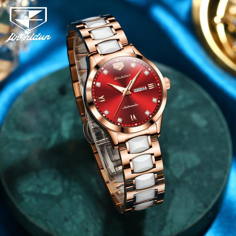 JINSHIDUN-merkeklokker Diamantbelagt romersk automatisk mekanisk klokke Vanntett dameklokke dameklokke