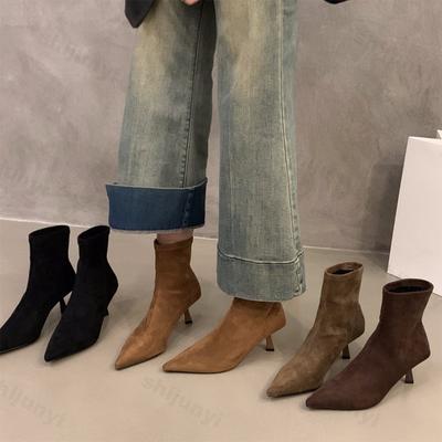 Damen Stiefeletten Herbst Sexy Spitz Zehenbereich Mode Vintage Elegant Party Hoher Absatz Kurzer Stiefel Wildleder De Mujer