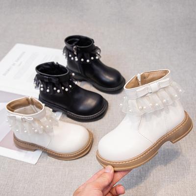 Girls Short Boots Side Zipper Bowtie Cute Children Fashion Winter Boots Elegant Lace Kids Thick Warm Plush Fur Boots Leather