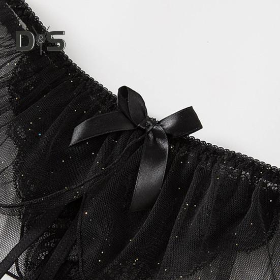 Women Thong Mesh Lace Bow Decor Spaghetti Strap Open Crotch Solid Color Low Waist Seductive Elastic Hot Lady G String Panties Underwear