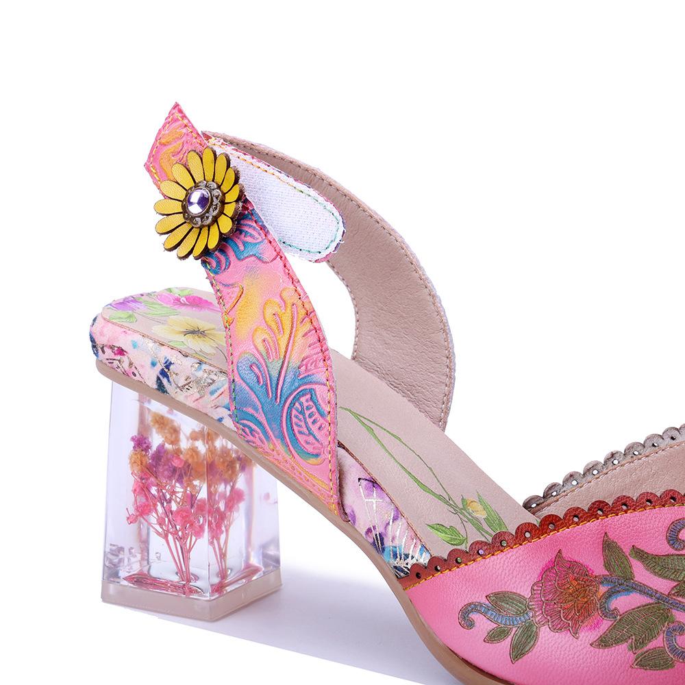 Johnature Handmade Genuine Leather Retro Court Style Exquisite Carved Comfortable High-heeled Sandals