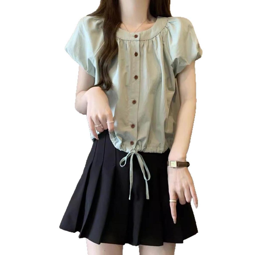 Plus Size Women's French Retro Doll Collar Short Sleeve Lace-up Top - Summer 2025 Casual and Versatile Shirt