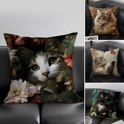Cat And Flower Fashion Cushion Cover Pillowcase Ultra Soft Skin Friendly Fabric Cloud Like Comfort Concealed Zipper