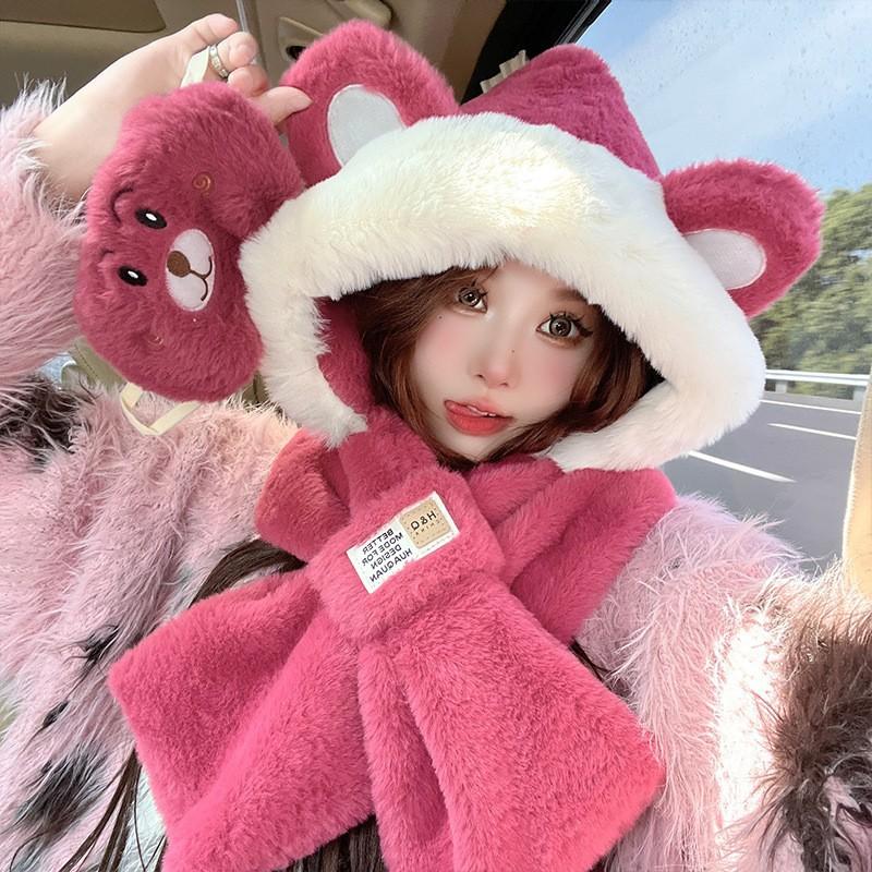 Warm strawberry bear three-piece bear hat scarf gloves integrated women's autumn and winter versatile cute plush ear protectors