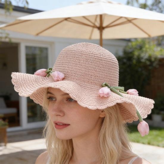 Beach Hat Wave Lace Trim Design Tulip Bow Decor Full Face Sun Protection Large Brim UV Blocking Summer Straw Hat