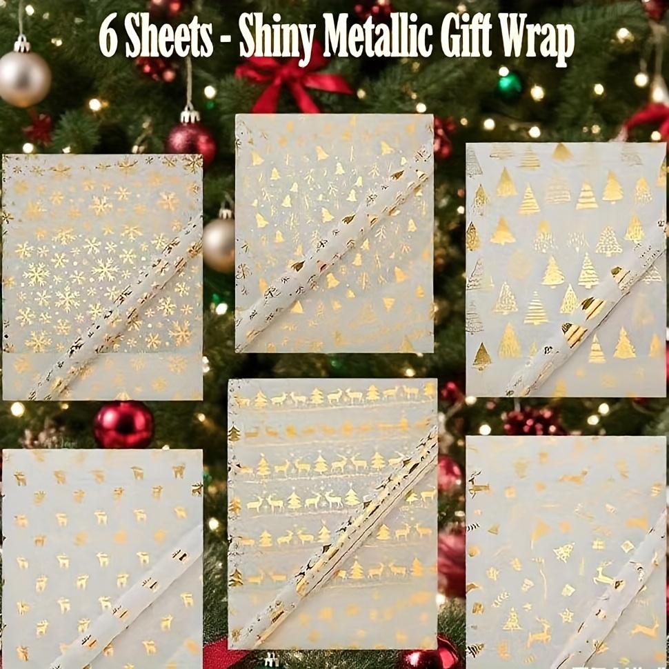 6pcs Elegant Christmas Gift Wrapping Paper with Golden Reindeer&Tree Design- Sparkling Foil Accents,Perfect for Holiday Presents