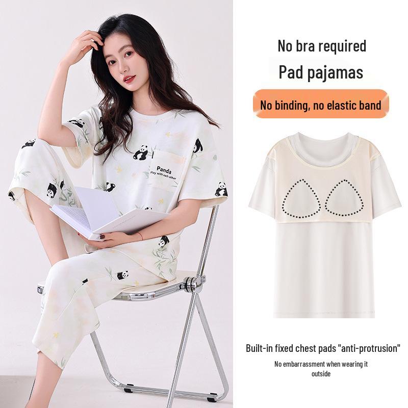 Women's Antibacterial Cotton Pajamas with Built-in Bra Pads - Short Sleeve, Cute & Comfortable Summer Loungewear Set