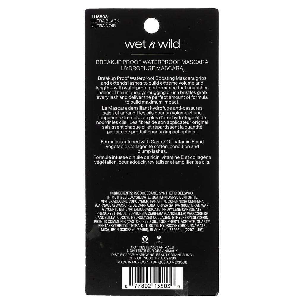 Wet n wild, Break Up Proof, wasserfeste Mascara mit Boosting-Effekt, 1115503 Ultra Black, 8 ml (0,27 fl oz)