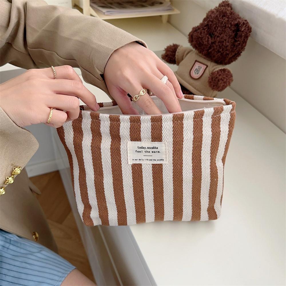 Stylish Striped Cosmetic Bag For Women Street Fashion Large Capacity Portable Simple Handheld Makeup Bag