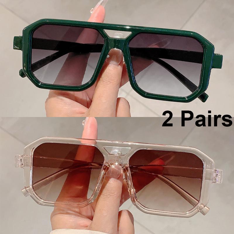 2 Pairs Vintage Square Sunglasses Men Chic Retro Double Bridge Gradient Outdoor Shades Women Casual Vacation Decor Sun Glasses