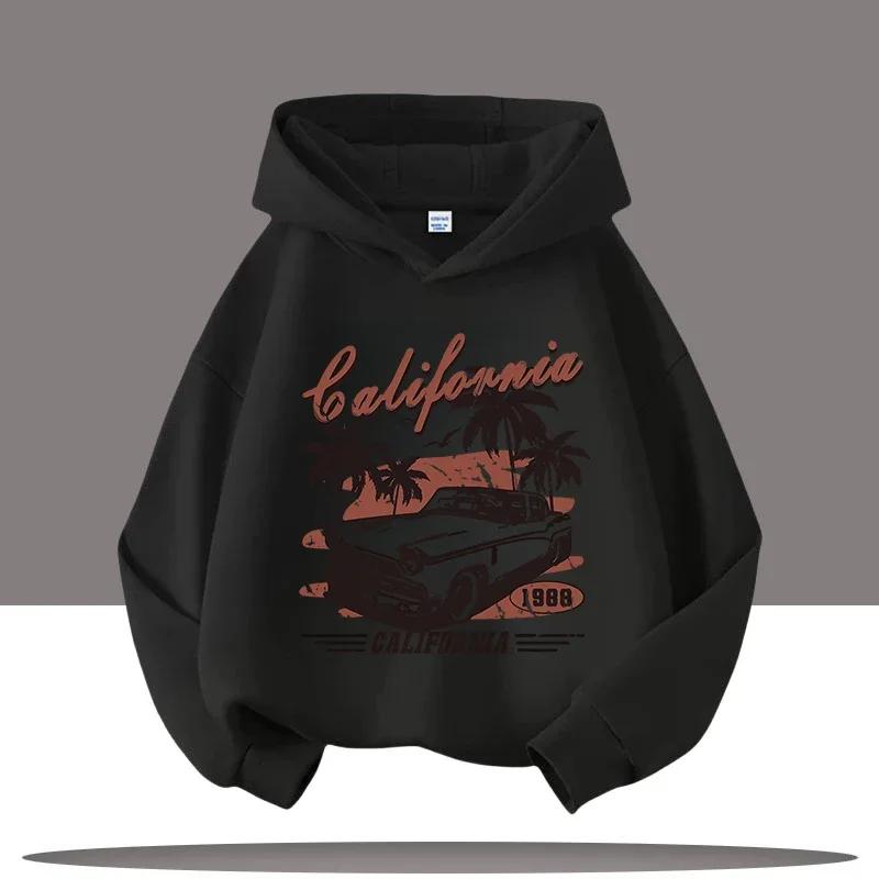 New Hip-hop Style Retro Car Cartoon Printed Children's Hooded Sweatshirt, Autumn and Winter Casual Top, Comfortable Clothing