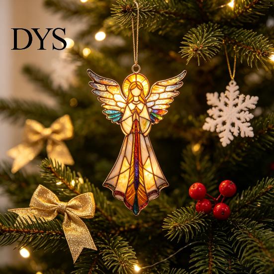 Christmas Gift Tags for Friends Stained Glass Style Angel Ornament, 2D Acrylic Tree Hanging Retro Holiday Party Supplies Decoration with Gold String,