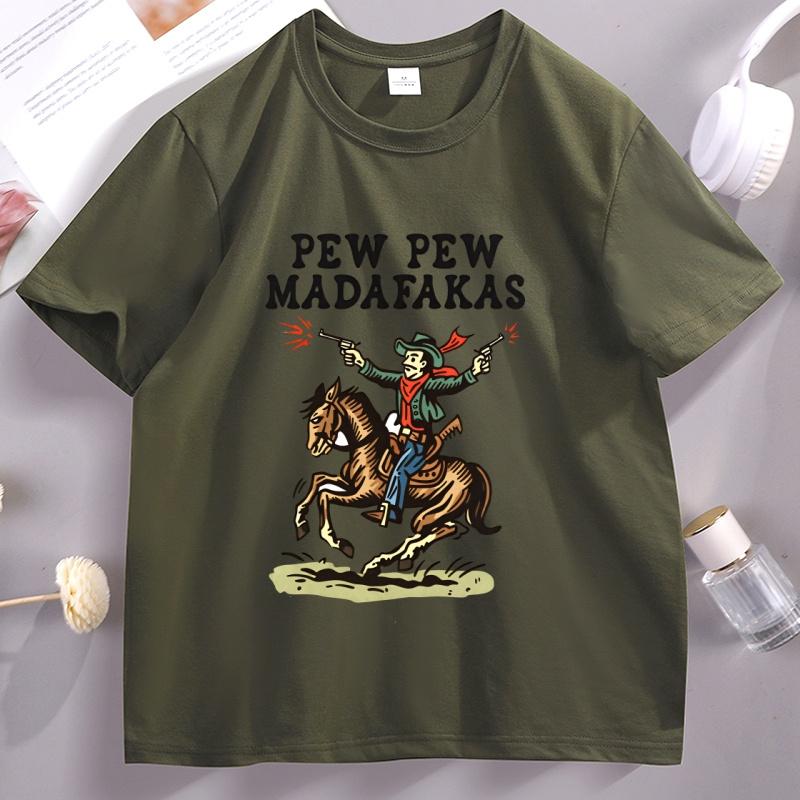 Retro Cowboy T Shirt Unisex Women Pew Pew Madafakas Tshirt Funny Western Cotton Short Sleeve Vintage Cowboy Graphic Tee Shirt M