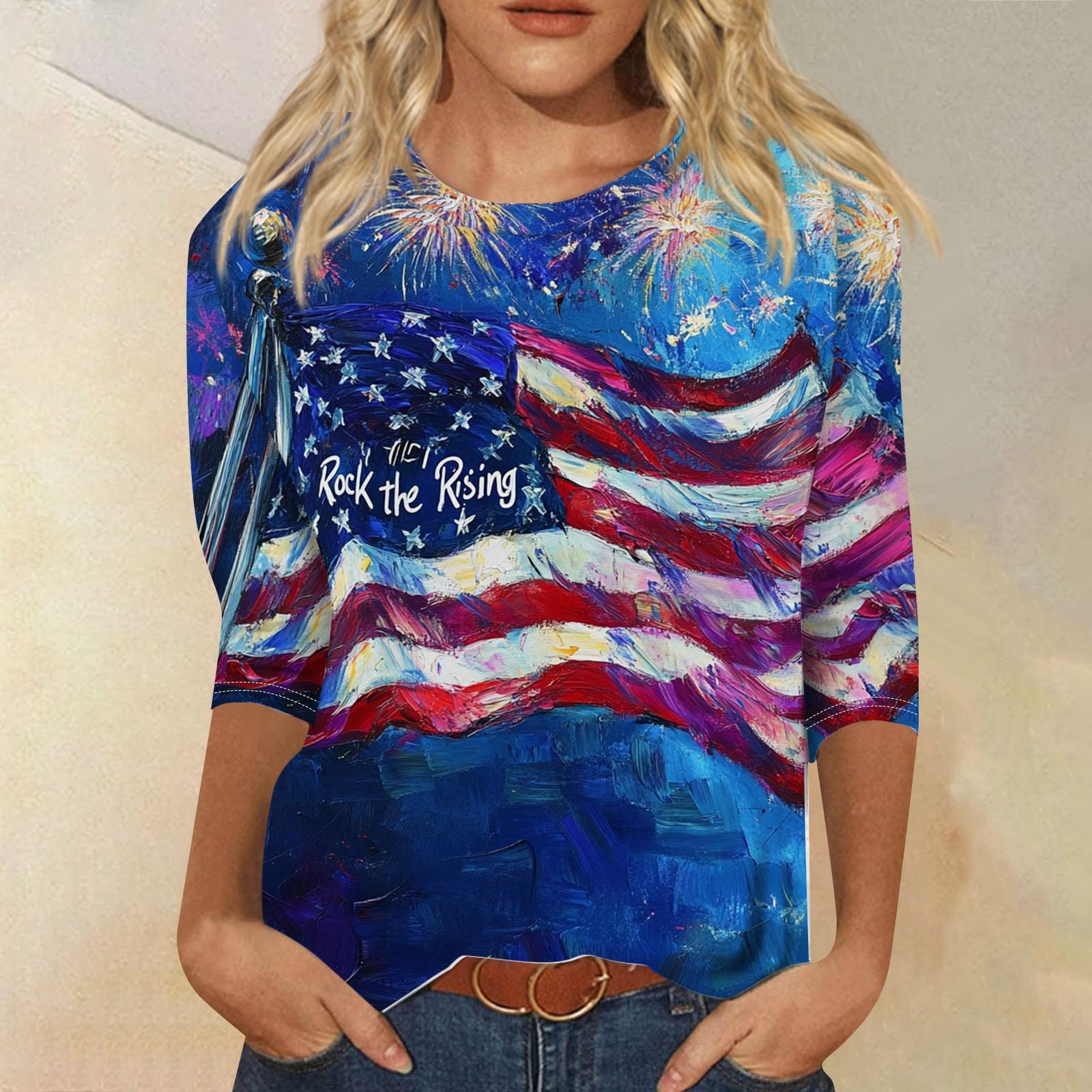

Women s Fashion Casual 3/4 Sleeve Independence Day Printed Round Neck Pullover Top XL