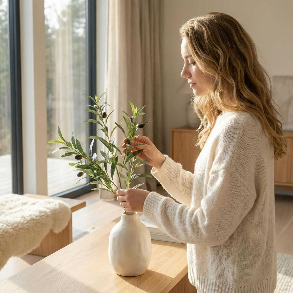 Simulated Olive Leaves With Fruit Tree Branches And Leaves, Flower Arrangement, Living Room  Decoration, Plants, Artificial Flowers, Green Plants 1pc