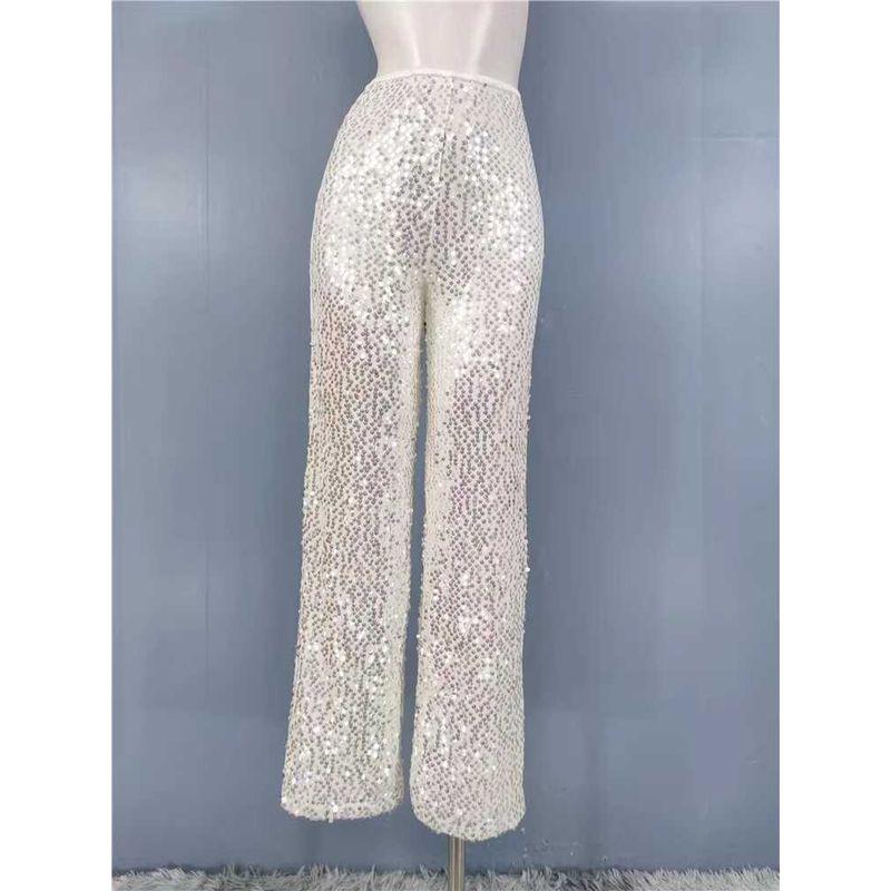 

Экспорт Одиночный Элегантный Модный, Сексуальный и Подходящий ко всему С высокой талией Стройнящий Сияющий Сценический Блестки Серебристый Ночной клуб Широкие брюки Женские Silver L