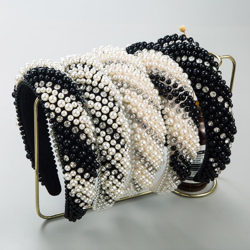 

Luxury Rhinestone Pearl High Skull Sponge Headband Retro Wide Edge Hair Accessory